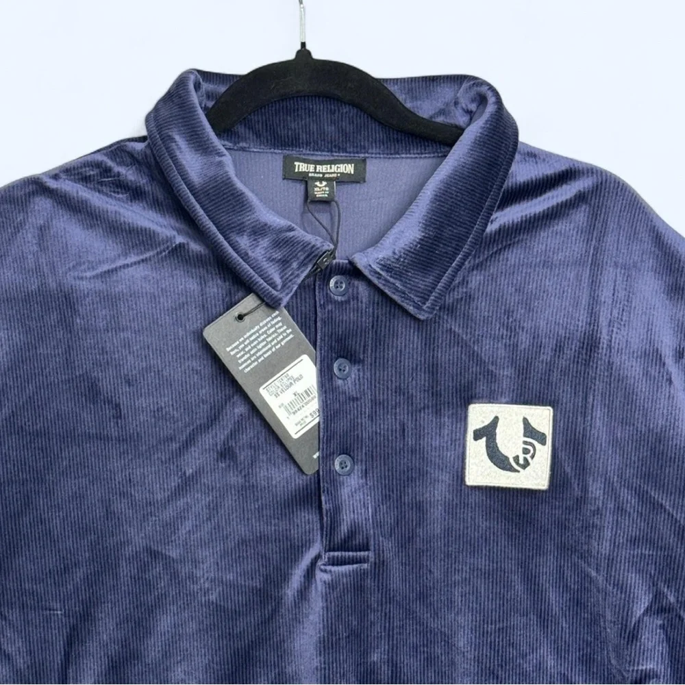 NWT True Religion XL Mens Velour Corduroy‎ Polo Shirt Y2K Streetwear Ribbed Blue